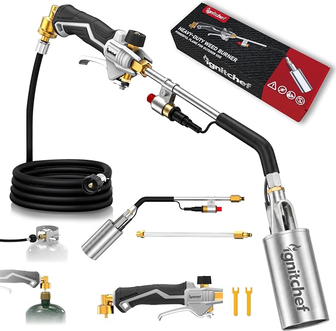 Propane Torch Weed Burner Heavy Duty-340,000 BTU Weed Torch with 2 Extension Modes, Piezo Trigger(Self Igniting)&12.5ft Hose, Multi-Fuel Compatible(1lb-100lb) for Weeds, Ice Melting, Roofing