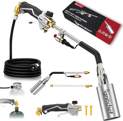 Propane Torch Weed Burner Heavy Duty-340,000 BTU Weed Torch with 2 Extension Modes, Piezo Trigger(Self Igniting)&12.5ft Hose, Multi-Fuel Compatible(1lb-100lb) for Weeds, Ice Melting, Roofing