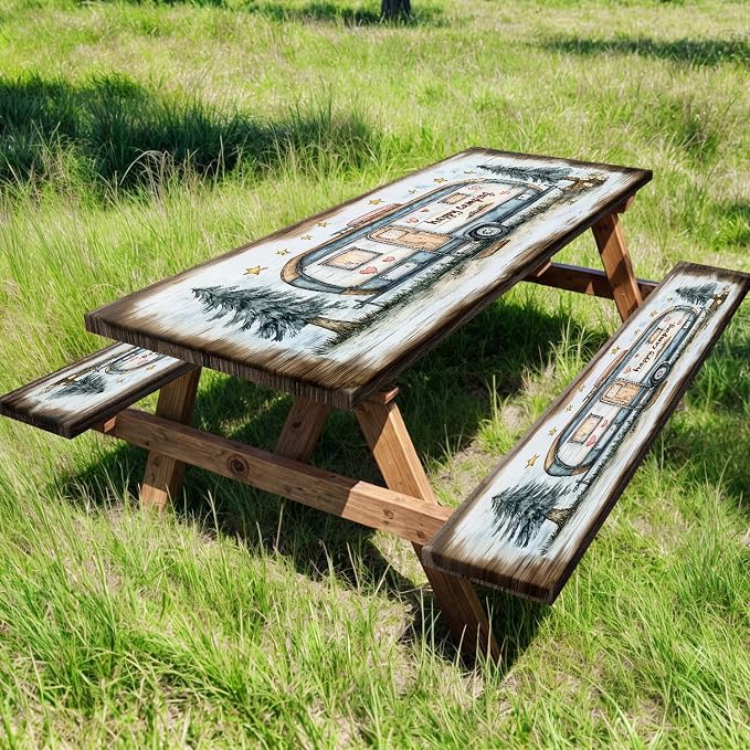 Picnic Table Cover with Bench Covers and Bag, Camping Essentials, Camper Forest Wooden Grain Outdoor Table Covers, Waterproof Windproof, Fitted Tablecloth Cover with Elastic Edge, 3 PCS, 30x60 Inch