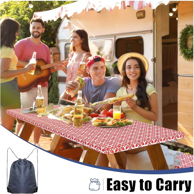 Smiry Picnic Table Cover with Bench Covers, Waterproof Elastic Fitted Tablecloth for 6 Foot Tables, Washable Polyester Tablecloths for Camping, Indoor & Outdoor (Rose Red & White, 30x72 Inch 3-pc Set)