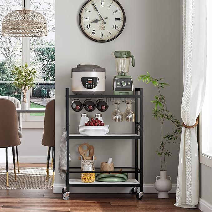 TUTOTAK Bar Cart with Wheels, Drink Cart with Wine Rack and Glass Holder | 3-Tier 23.7 Inch Wide Home Bar Serving Carts, Small Mobile Kitchen Shelf with 6 Hooks, Marble White BC01BM030