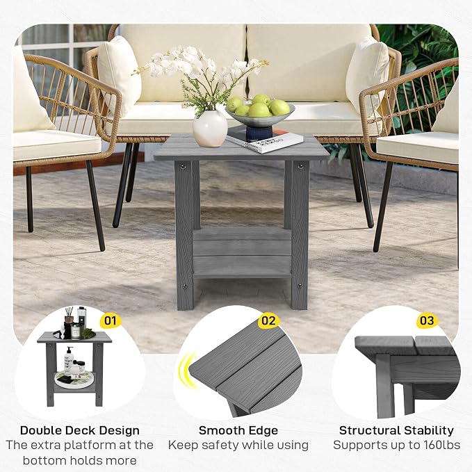 Outdoor Side Table, Weather Resistant Double Small Adirondack Side Table, Outdoor Indoor End Table for Chair, 17" Patio Table for Pool, Deck and Porch, Black (Item2, Grey)