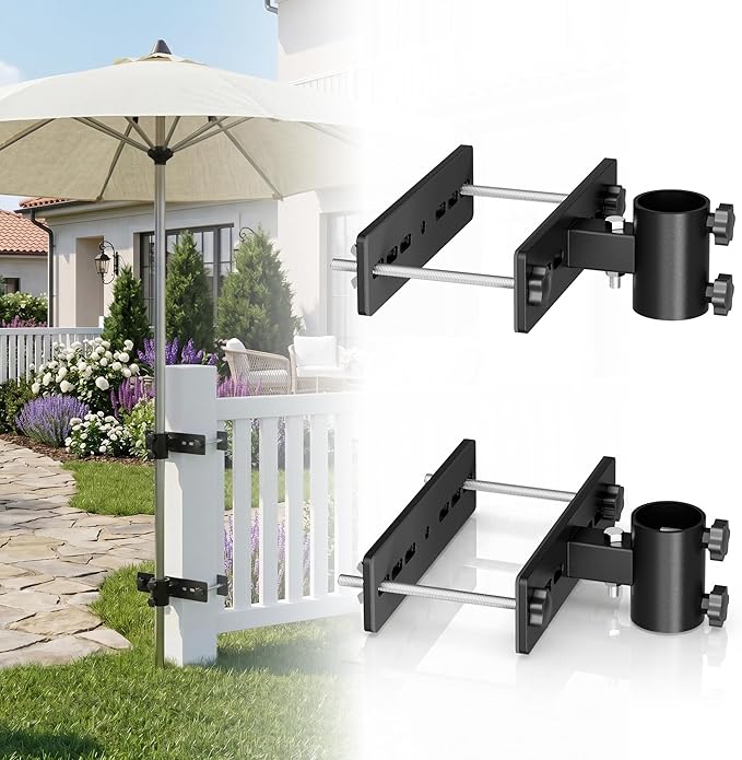 Patio Umbrella Clamp for Deck Rail, Patio Umbrella Holder for Deck Railing, Deck Umbrella Mount, Umbrella Attached to Deck Railing, Adjustable Vertical/Horizontal Mounting – 2 Independent Sleeves