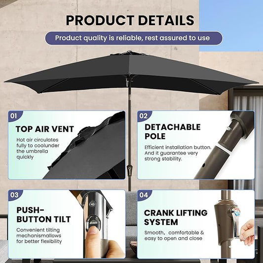 Ayge 6.5x10FT Rectangular Patio Umbrella Outdoor Table Umbrella w/Push Button Tilt & Crank Rectangle Market Umbrella UV Protection for Garden,Deck,Lawn,Yard & Pool,Black