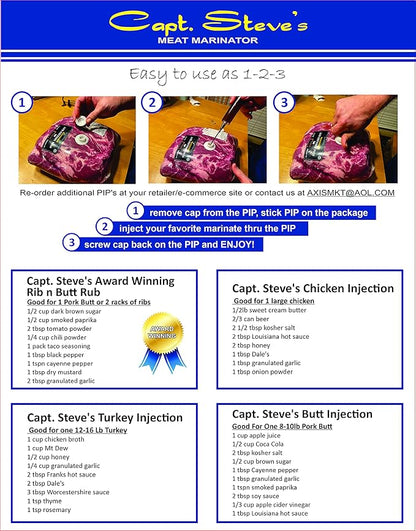Capt Steve’s Meat Marinator Kit by Dr. Organizer – Stainless Steel Injector with Needle, 12 Single-Use Injector PIPs & 4 Recipes – Marinate Meat in Packaging, Vacuum-Sealed Friendly, US Patent Pending