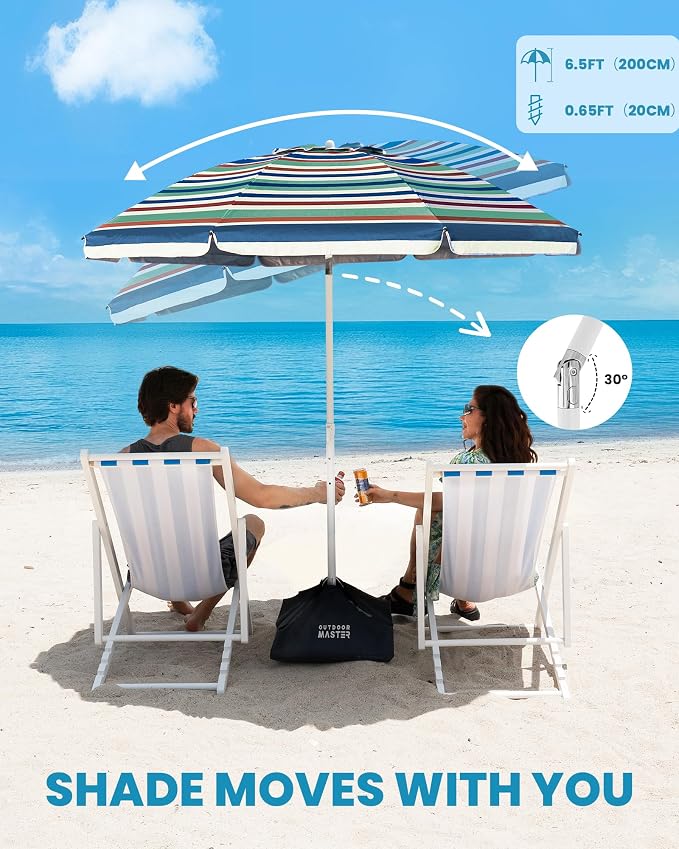 OutdoorMaster 7.2ft Beach Umbrellas for Sand with Sandbag & Anchor | 7.2ft Adjustable Umbrella for Beach, Wind Resistant, Portable UPF50+ Sunshade with Carry Bag for Patio
