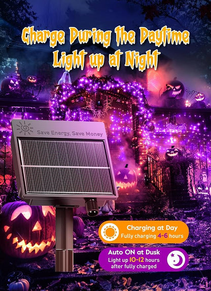 240 LED Solar Halloween Lights Outdoor Waterproof IP65, 20FT 8 Light Modes | Halloween Solar Lights Outdoor Solar Halloween String Lights Outdoor Twinkle Fairy Light Garland Decorations, Purple