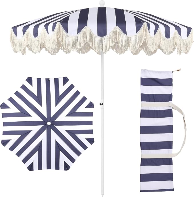 JONATHAN Y Mariner 6.5 ft. Striped Fringe Beach Umbrella, Navy/White | Push-Button Tilt, UV 50 Protection, Matching Carry Bag, Iron Pole, Wind Vent, Scalloped Round Canopy, Coastal Style
