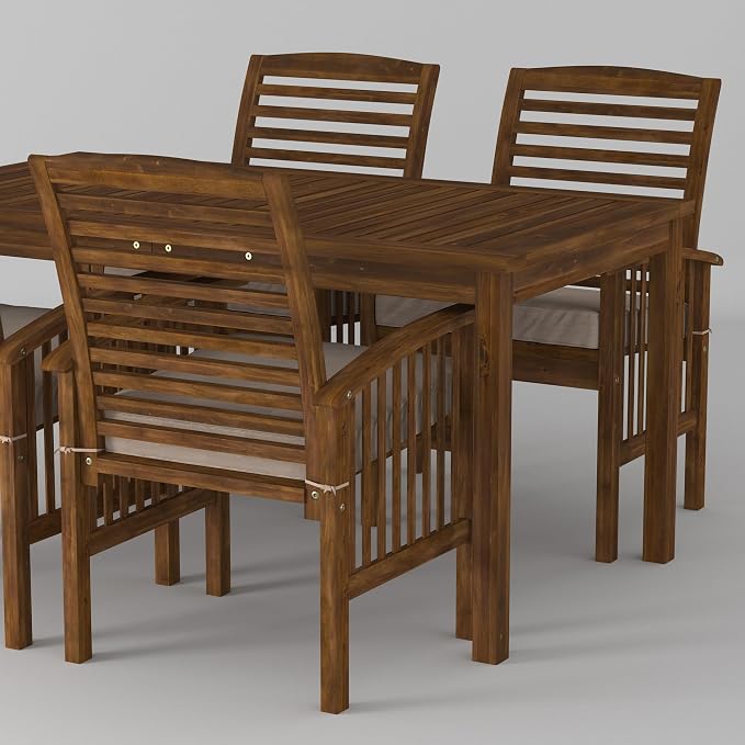 Walker Edison Rendezvous Modern 5 Piece Solid Acacia Wood Outdoor Dining Set, Set of 5, Dark Brown