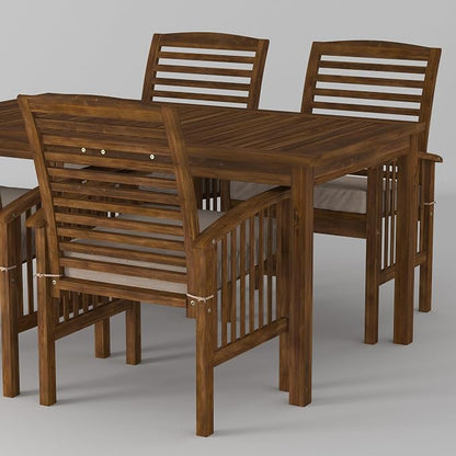 Walker Edison Rendezvous Modern 5 Piece Solid Acacia Wood Outdoor Dining Set, Set of 5, Dark Brown