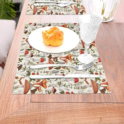 Boho Mushroom Placemats Set of 4, Botanic Plant Beige Table Mats | Heat Resistant Washable Placemat for Kitchen Dining Table Decor Cute Placemats Linen 12x18 Inch