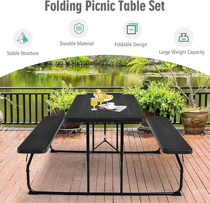 Goplus Foldable Picnic Table with Benches, Rectangular Camping Table Set with Metal Frame, Folding Indoor Outdoor Dining Table Set for Garden, Patio, Backyard (Black)