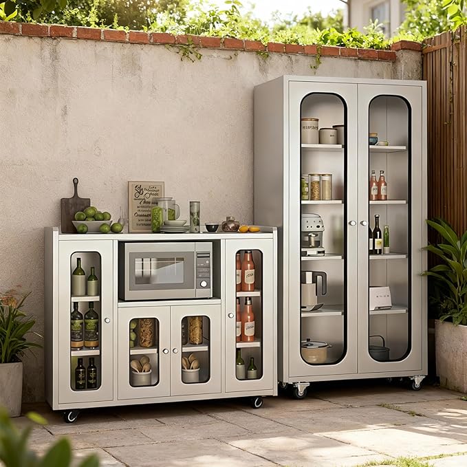 ZZV 68" Tall Stainless Steel Storage Cabinet with Wheels, Fully Assembled 5-Tier Kitchen Pantry Cabinet with Glass Doors for Garage, Utility Room, Laundry Room, Restaurant, Cafe, and Outdoor