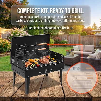 Charcoal Grills, Square Portable Charcoal Grills with Lid & 3 Adjustable heights, Barbecue Grill for Outdoor Backyard