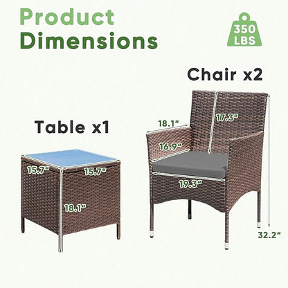 Greesum 3 Pieces Patio Dining PE Rattan Wicker Chair Furniture Set with Cushion and Glass Coffee Table for Outdoor Garden Backyard Poolside, Brown and Grey