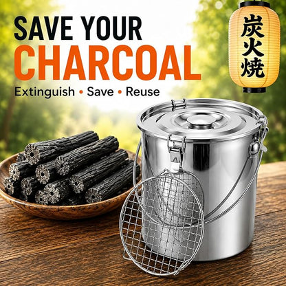 4 Pcs Charcoal Saver Extinguishing Bucket Set for Ash Collection | Heavy Duty Stainless Steel with Lockable Lid, 3 Gallon Capacity for Hot Charcoal, Grills, Campfires and Wood Burning Stoves