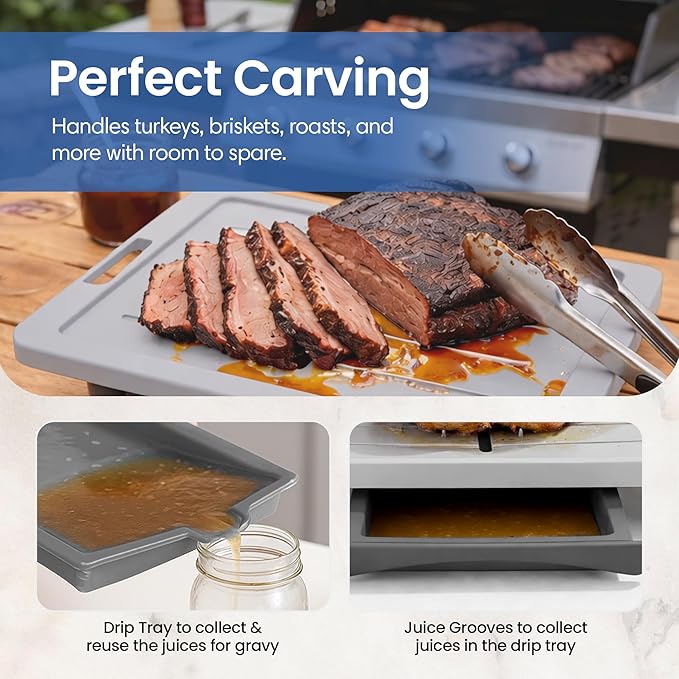 Large Cutting Board - XL Deluxe Meal Prep System with Meat Thermometer, Juice Groove, Spikes, Drip Tray & Removable BPA Free Cutting Board - Patented Multi-Feature Design Carving Board - Kitchen Gifts