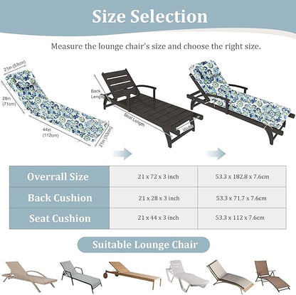 Chaise Lounge Cushions Outdoor Set of 2 Lounge Chair Cushion 72" L x 21" W with Headrest Straps 3'' Thick Waterproof Patio Chaise Cushions Pool Lounger Chair Cushion(Ocean)