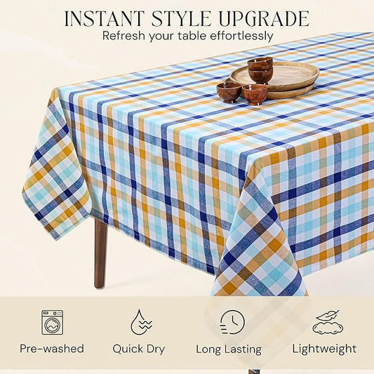 Gingham Check Tablecloth, 60x102 Inches, 100% Cotton, Washable, Table Cover for Summer Parties, Holidays and Everyday Dining, Indigo Blue - Mustard Yellow - Aqua Blue and White Plaid
