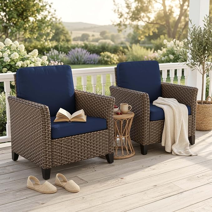 Patio Wicker Chairs with High Back Set of 2, All Weather PE Wicker Outdoor Chairs with Water-Resistant Cushions for Garden, Deck, Porch, Backyard, Balcony