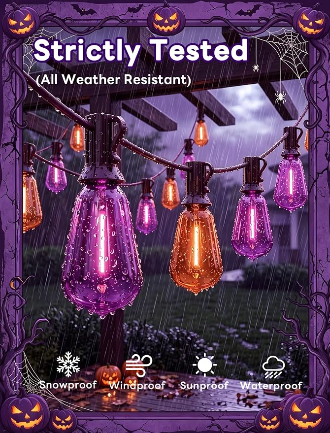 25Ft LED Outdoor String Lights, Halloween Orange Purple Lights with 25 0.6W ST38 LED Bulbs, Waterproof Connectable Patio Lights for Indoor Outdoor Backyard Garden Halloween Christmas Holiday Decor