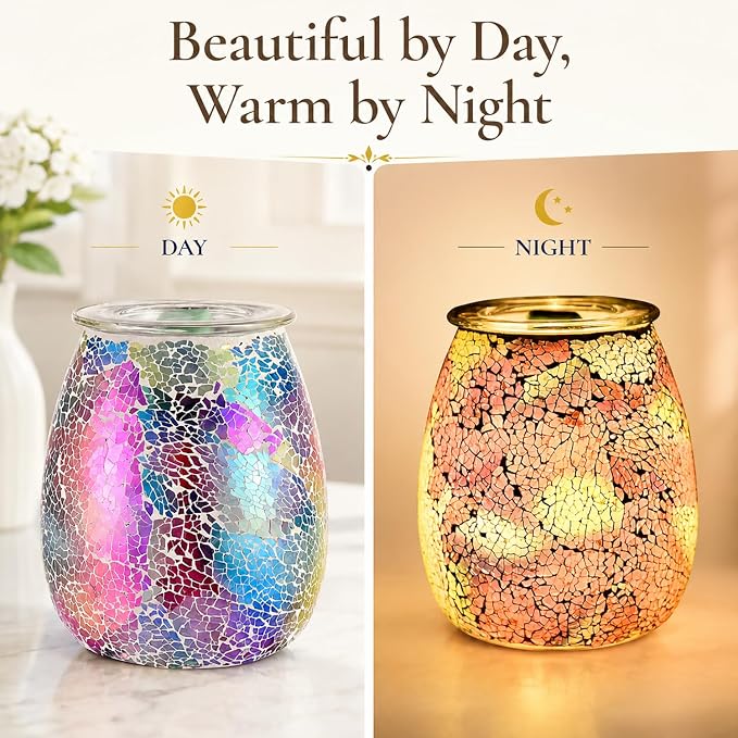 Dicimi Mosaic Glass 2-in-1 Wax Melt Warmer – Electric Incense Burner with Ambient Light, Flameless Candle Heater, Home Fragrance Lamp, Housewarming Gift