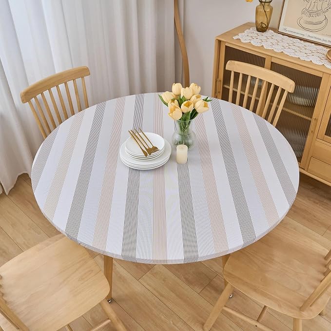 LIBERECOO Round Vinyl Fitted Tablecloth with Flannel Backing Elastic Edge Table Cover Waterproof Stain-Resistant Wipeable Tablecloths Fits 40-44 Inch Round Tables