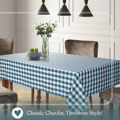 Gingham Tablecloth, 60x84 Inch, 100% Cotton, Classic Check Table Cover, Durable & Washable for Farmhouse Kitchen, Picnics, Dining Table, Everyday Use, Teal Green and White