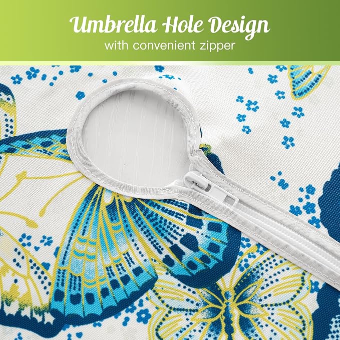 UMINEUX 60" Outdoor Round Tablecloth with Umbrella Hole and Zipper | Spring/Summer Waterproof Round Patio Table Cover for Picnic/BBQ/Garden, Green Butterfly