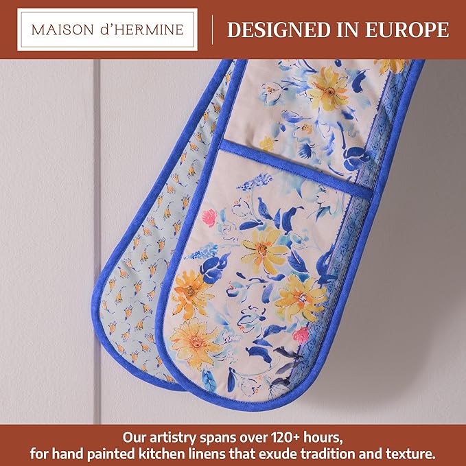 Maison d' Hermine Double Oven Mitts 100% Cotton 7"x35" Double Oven Mitt Heat Resistant BBQ Cooking Gloves with Loop Baking Grilling Kitchen Hotel Home Farmhouse Spring Summer (Girassol)