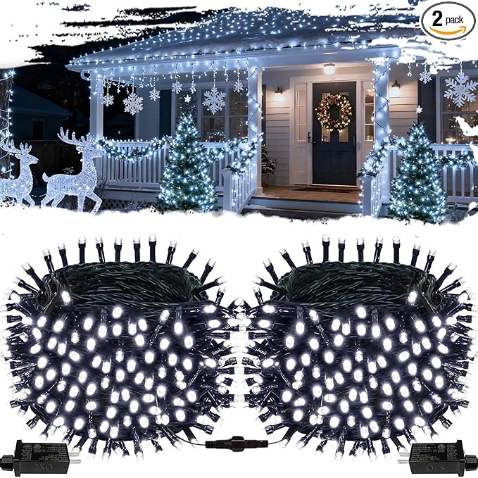 2-Pack Connectable Christmas Lights Outdoor, Total 164FT 400LED Christmas String Lights Waterproof with 8 Modes & Timer, Green Wire Twinkle Lights for Xmas Tree Decorations Outdoor Indoor, Cool White
