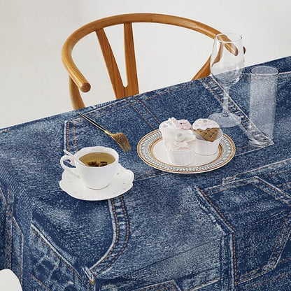 Denim Patchwork Print Style Tablecloth, Fashionable Denim Pattern Design (Not Denim Fabric) Water Resistant Table Cover for Farmhouse Picnic Party Holiday Kitchen Dinner Table 60"x90"