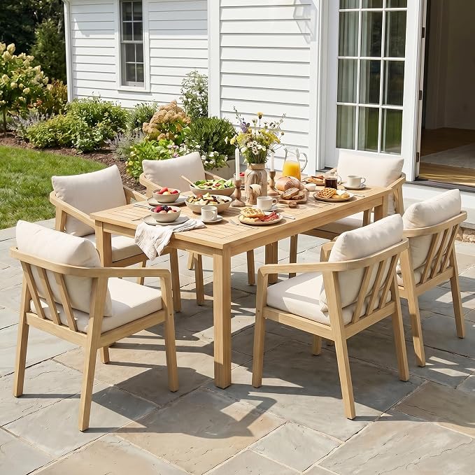 Wisteria Lane 7-Pieces Acacia Patio Table and Chairs Set for 6, Outdoor Dining Set with Umbrella Hole Table, Modern Patio Table Set with Cushion, Patio Furniture Set for Backyard Deck Garden Porch