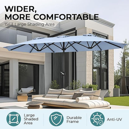 15ft Patio Umbrella with Base, 10-Year-No-Fade Large Outdoor Double-Sided Market Umbrella with UPF50+Terylene Polyester Fabric and Crank for Poolside Garden Deck Backyard Beach Pools