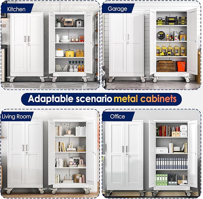 erosoei 61" H Metal Garage Storage Cabinet, Rolling Tool Cabinet with 2 Doors and Wheels, Locker Steel Cabinet with 3 Adjustable Shelves, Organization Cabinet for Garage,Office,Home,Gym,School（White）