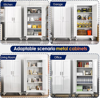 erosoei 61" H Metal Garage Storage Cabinet, Rolling Tool Cabinet with 2 Doors and Wheels, Locker Steel Cabinet with 3 Adjustable Shelves, Organization Cabinet for Garage,Office,Home,Gym,School（White）