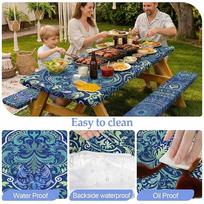Picnic Table Cover with Bench Covers Camping Essentials Waterproof Windproof Camping Tablecloth with Drawstring Bag, Fitted Rectangle Tables and Seats, 72in, Deep Blue Green