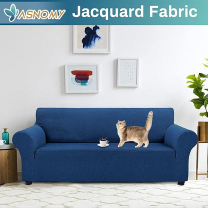 Asnomy Stretch Couch Covers for Sofa Washable, 3 Cushion Couch,Classic Blue | 1-Piece Sofa Covers(78"-94") 3-Seater Furniture Protector Soft Jacquard,Non-Slip Elastic Bottom For Dogs & Kids