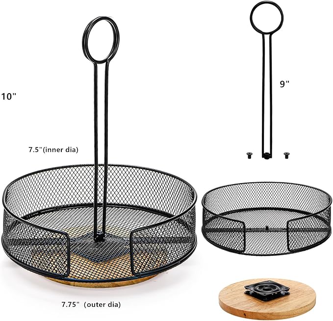 Yesland 2 Pack Metal Rotating Condiment Caddy with Number Card Holder, 7.75 Inch Round Caddy with Wooden Base, Black Coated Table Seasoning Organizer for Grill Outdoors, Dining Table, BBQ