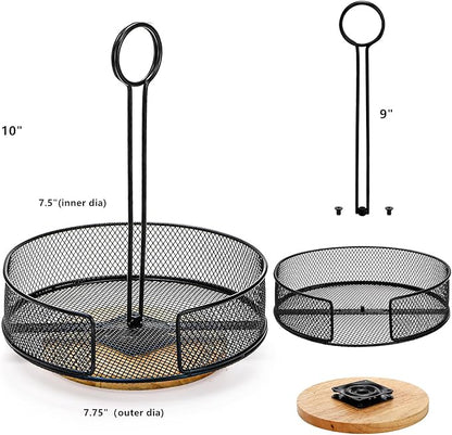 Yesland 2 Pack Metal Rotating Condiment Caddy with Number Card Holder, 7.75 Inch Round Caddy with Wooden Base, Black Coated Table Seasoning Organizer for Grill Outdoors, Dining Table, BBQ