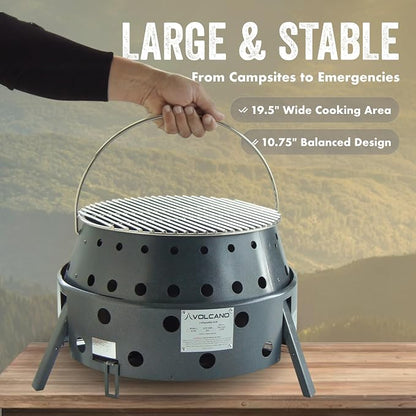 Volcano 3 Collapsible Portable Outdoor Grill/Stove, Propane, Charcoal and Wood, 19500 BTU Burner, 13 Inch Cooking Surface, Camping Stove for Backpacking, Hiking and BBQ, Carry Bag and Hose Included