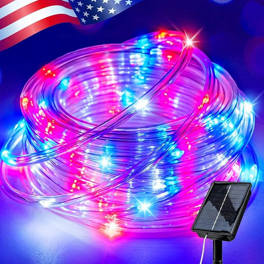 Red White and Blue Solar Rope Lights Waterproof, Solar String Lights for 4th of July Decorations, 33ft 100LED Patriotic Lights Outdoor Indoor for Independence Day Memorial Day