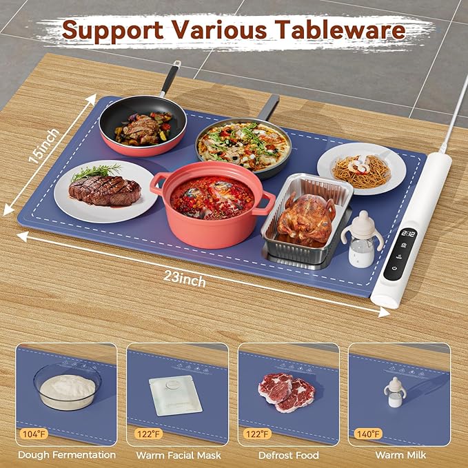 Newise Graphene Warming Mat for Food - Fast Full Surface Heating Electric Warming Tray, Portable Food Warmer for Parties Buffet with 6 Temperature and Timer Settings, Blue