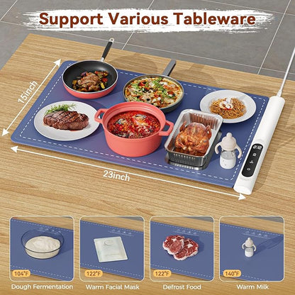 Newise Graphene Warming Mat for Food - Fast Full Surface Heating Electric Warming Tray, Portable Food Warmer for Parties Buffet with 6 Temperature and Timer Settings, Blue
