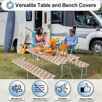 OutdoorLines Vinyl Fitted Picnic Table Cover with Bench Covers | Elastic Waterproof Camping Tablecloth for Picnic Table (Moroccon Camel 72x30 Inch, 3 Pcs)