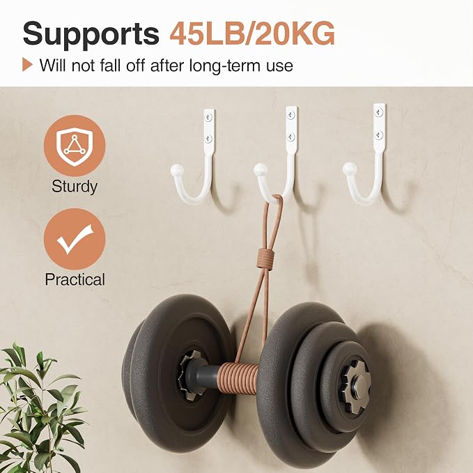 6 Pack Wall Hooks, Metal Hooks Wall Mount, Hold up to 45 Lbs | For Hanging Towel/Coat/Bag/Keys/Cups，Ideal for Bathroom, Outdoor, Closet, Kitchen, Garage