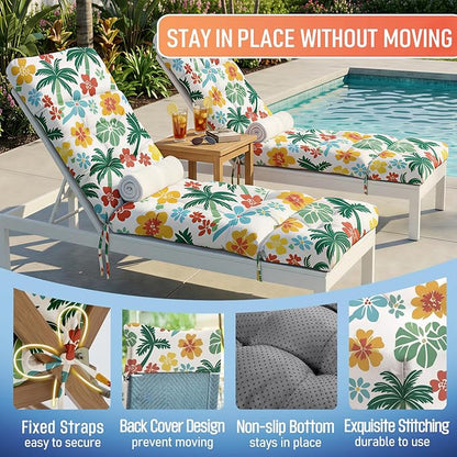 MAGIC ELEPHANT Chaise Lounge Cushion Outdoor, Memory Foam Patio Lounge Chair Cushion with Ties for Outdoor Furniture, 74 x 22 x 4 Inch (Hawaiian Palm Floral)