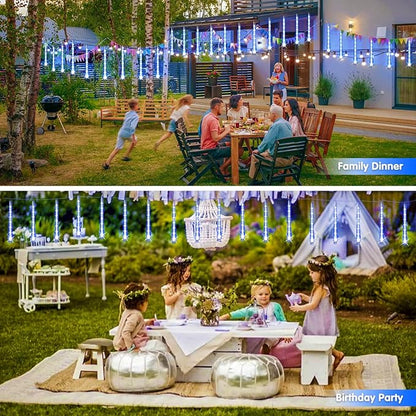 JMEXSUSS Blue and White Solar Meteor Shower Rain Lights, 30cm 8 Tube 144 LED Solar Christmas Lights for Party Holiday Yard Patio Decorations