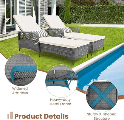 Tangkula Wicker Chaise Lounge Outdoor Set of 2, Patio Rattan Reclining Chaise with 6-Gear Adjustable Backrest, Thick Padded Cushion & Removable Lumbar Pillow, Pool Lounge Chairs for Outside Balcony