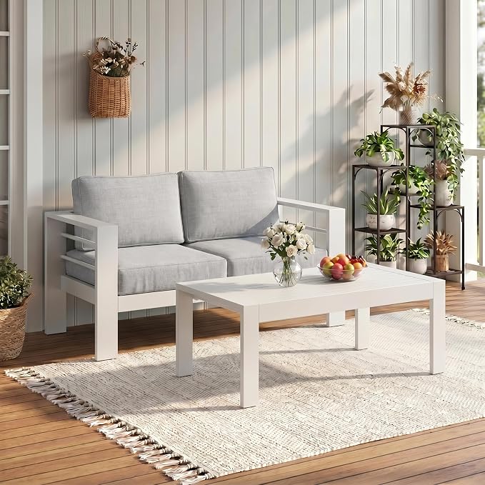 Solaste Aluminum Outdoor Loveseat with Coffee Table,2 PCS Patio Furniture Set with Cushions, All-Weather Outdoor Patio Sofa Sets for Balcony, Deck, Backyard, Porch, Garden, White